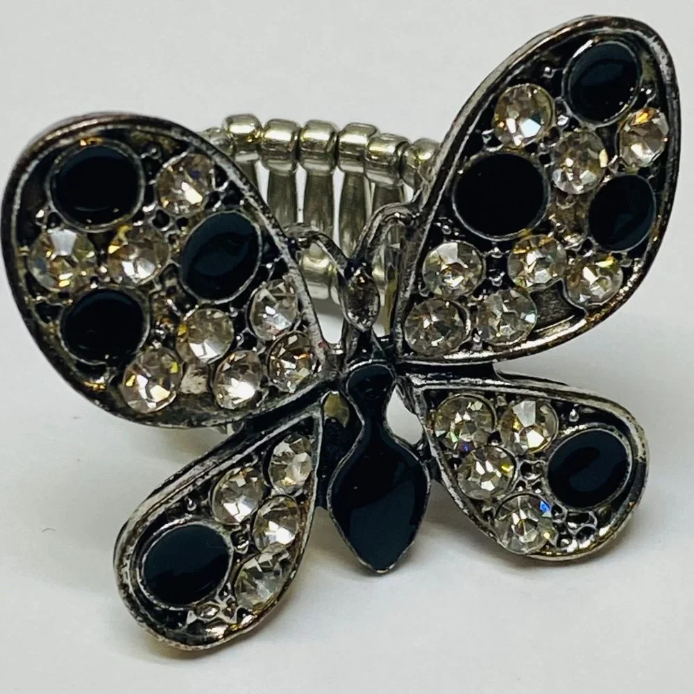 Ring Stretch Butterfly Shape Women Rhinestone Accents Enamel Silver Color Metal - Picture 11 of 16